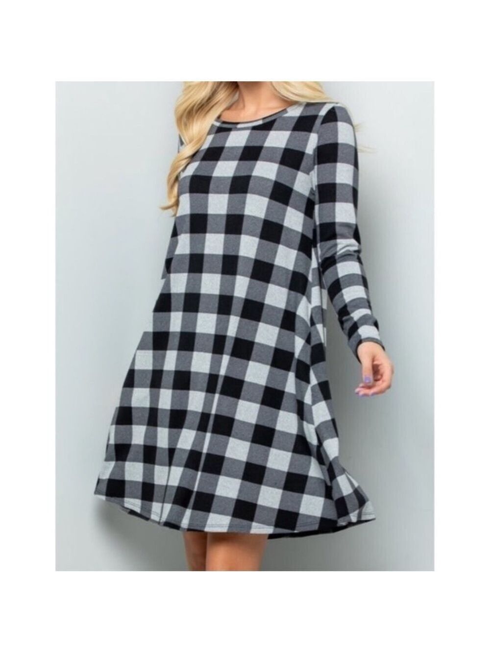 Sunday Morning Buffalo Check Long Sleeve Tunic Dress Neutral